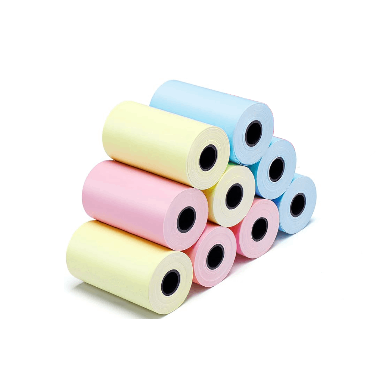 Bobinas de papel térmico colorido em tons pastel