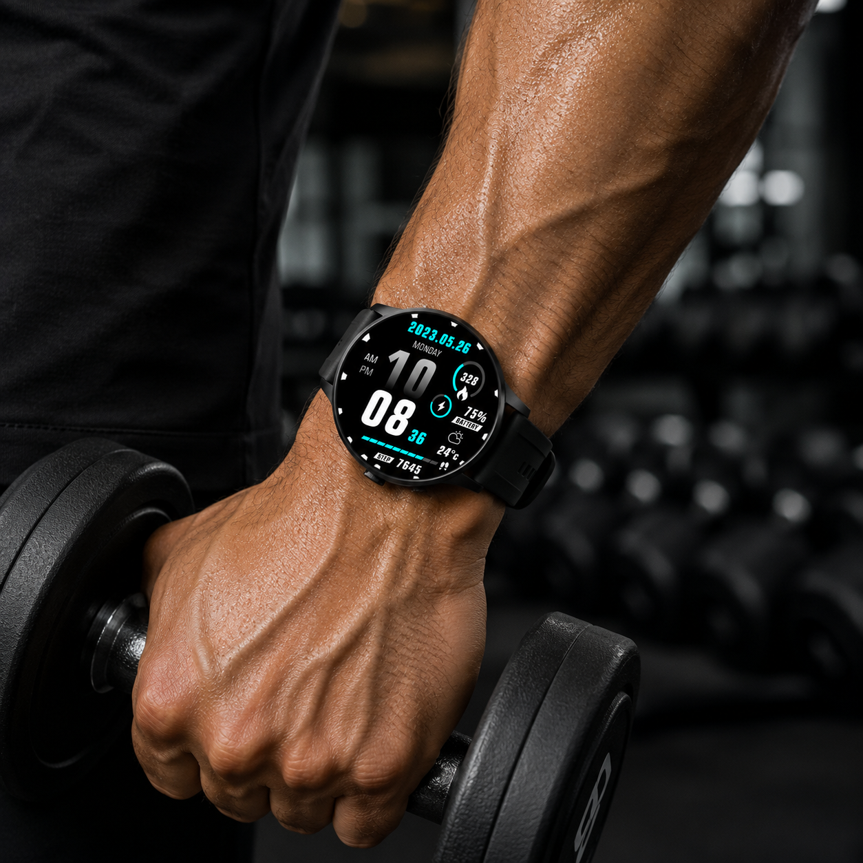 Smartwatch KM100 preto no pulso em academia