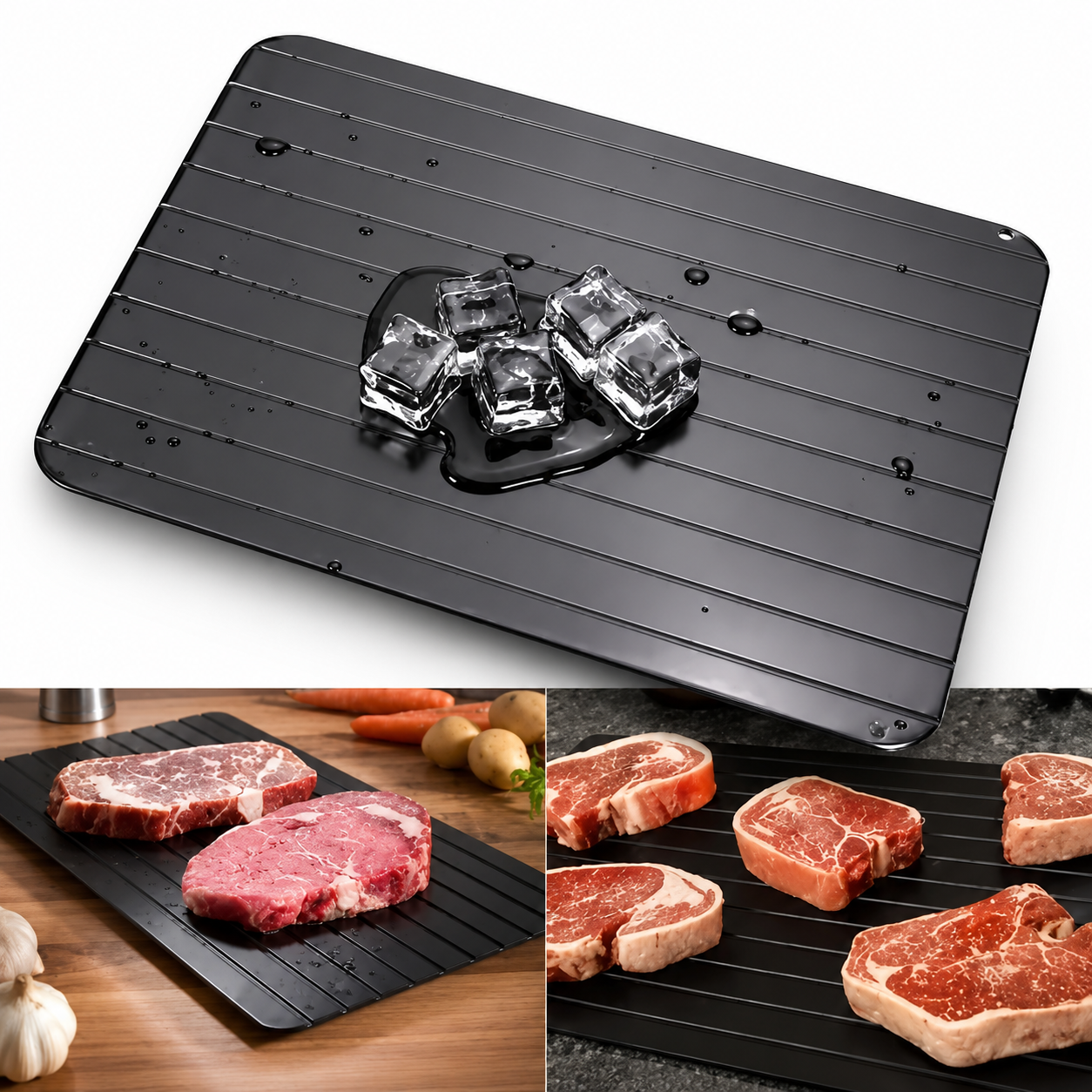 Tábua de descongelamento preta em liga de alumínio com carnes