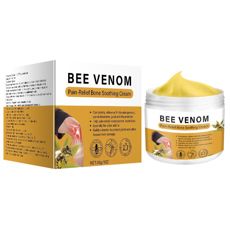 Pote de creme Bee Venom Pain-Relief Bone Soothing Cream com embalagem amarela