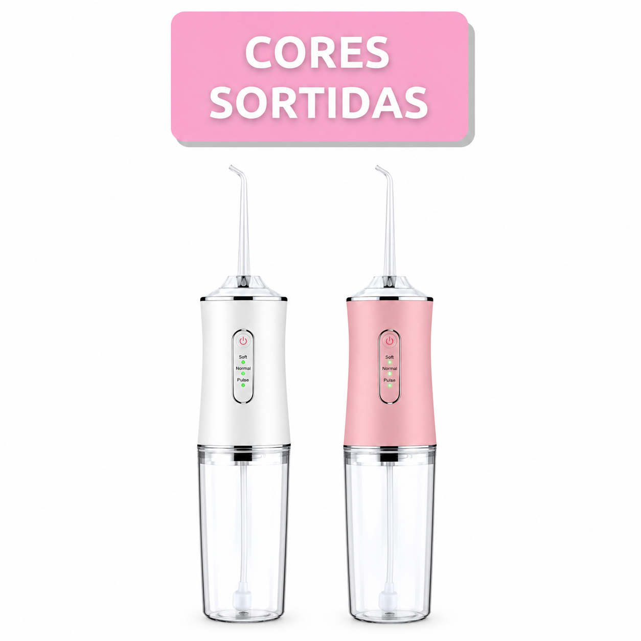 Irrigador bucal portátil branco e rosa com reservatório transparente