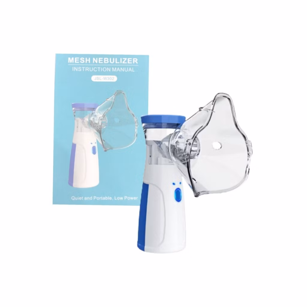 Nebulizador portátil Mesh USB branco e azul com máscara transparente