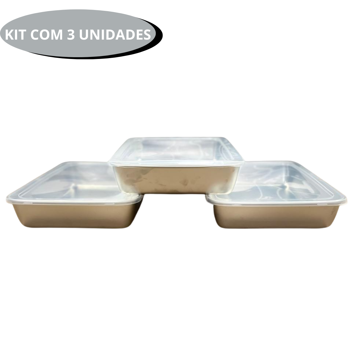 Kit com 3 potes retangulares grandes em alumínio com tampas transparentes