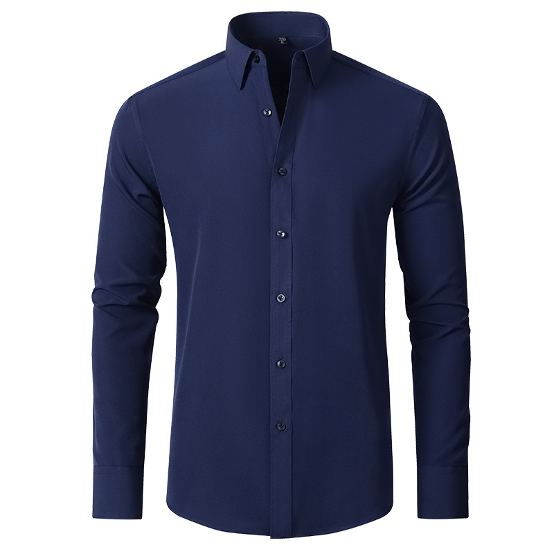 Camisa masculina azul marinho de manga longa com modelagem europeia