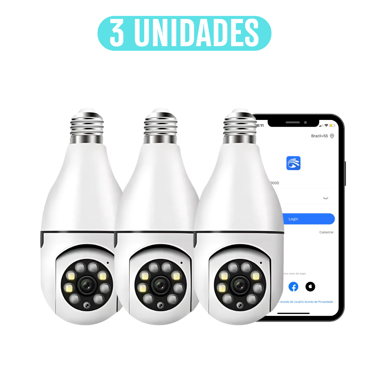 Kit com 3 unidades da câmera lâmpada