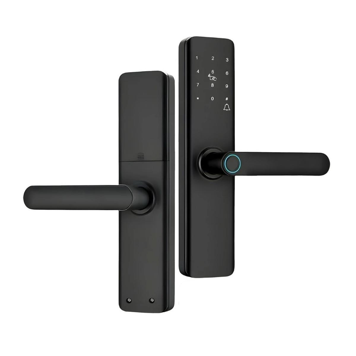 Fechadura digital inteligente preta com teclado touch e leitor biométrico