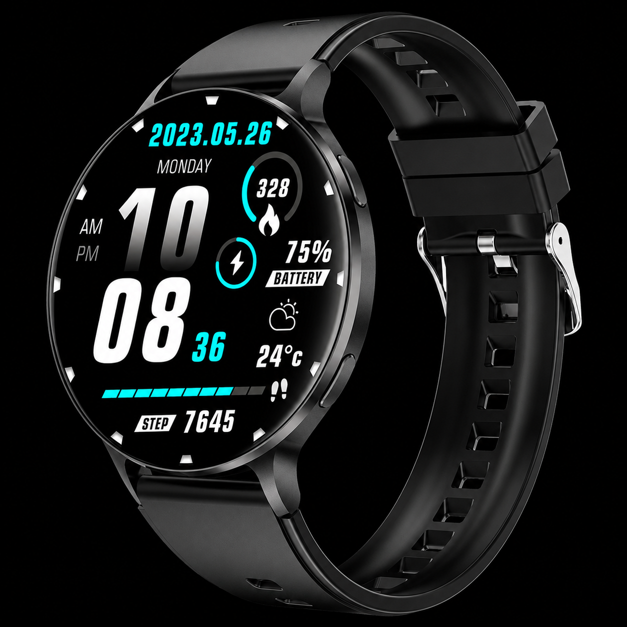 Smartwatch KM100 preto com tela redonda
