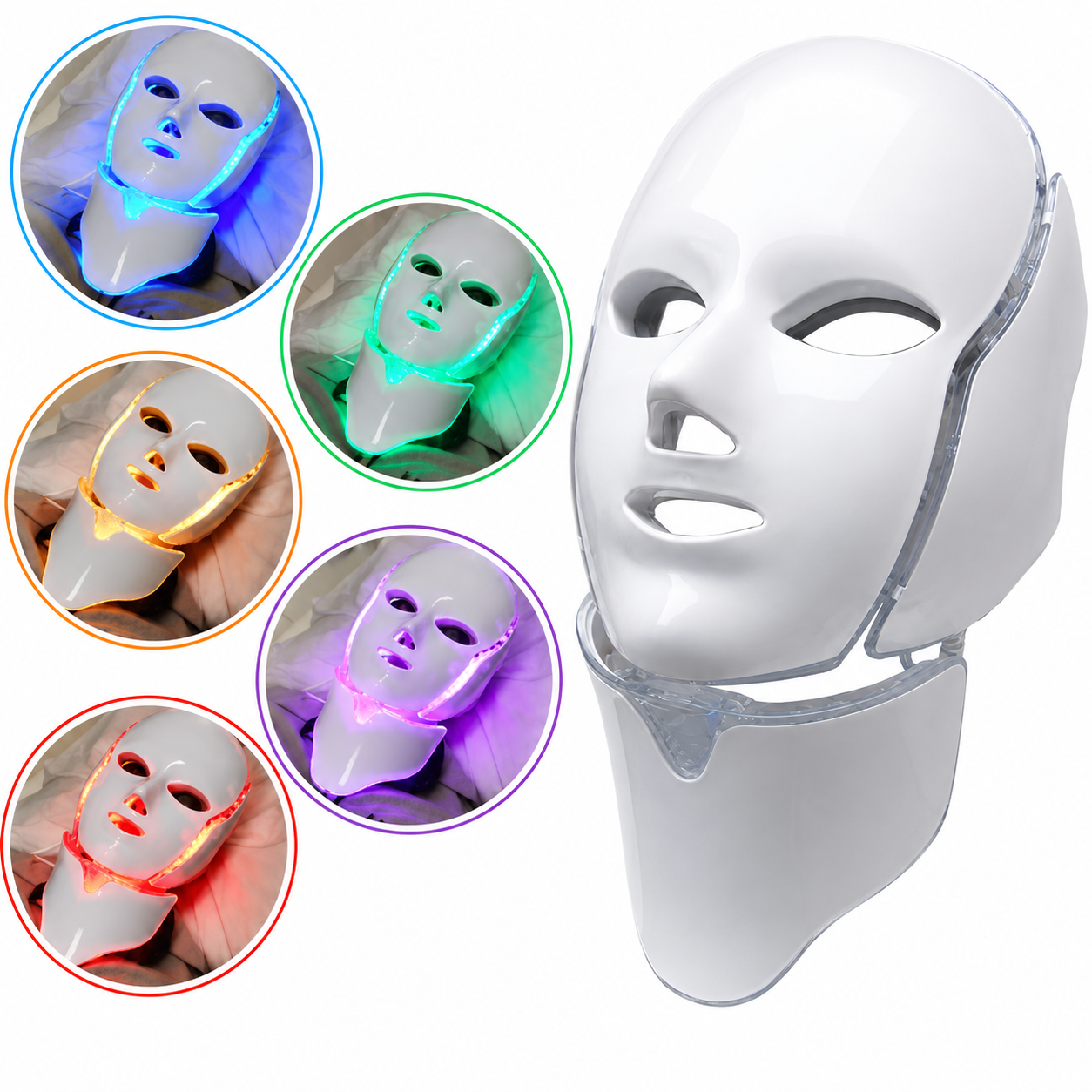 Máscara facial LED mostrando as 7 cores diferentes