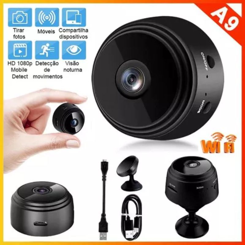 Mini câmera A9 preta com acessórios e suporte