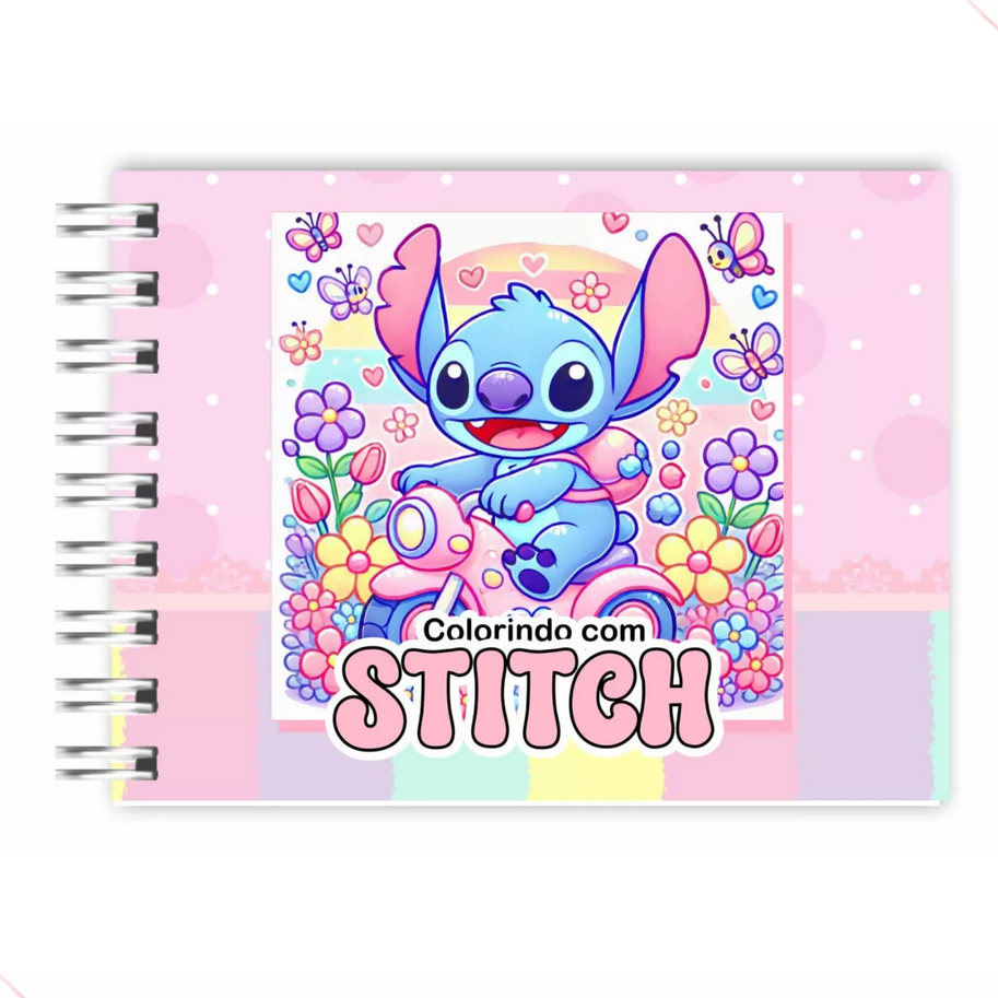 Livro para colorir Stitch capa rosa com espiral