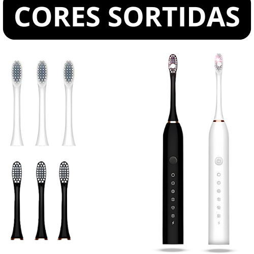 Escova dental elétrica preta e branca com refis de cerdas macias