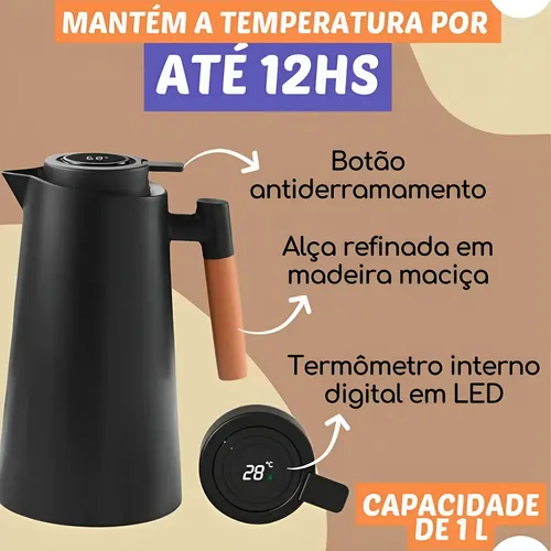 Características: mantém temperatura por até 12h, alça de madeira e termômetro LED