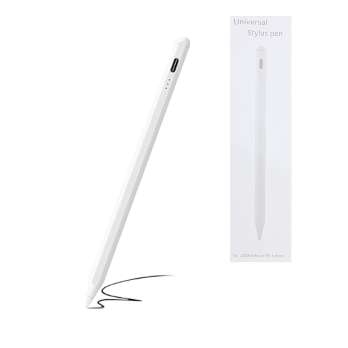Caneta touch screen stylus universal branca ao lado da embalagem
