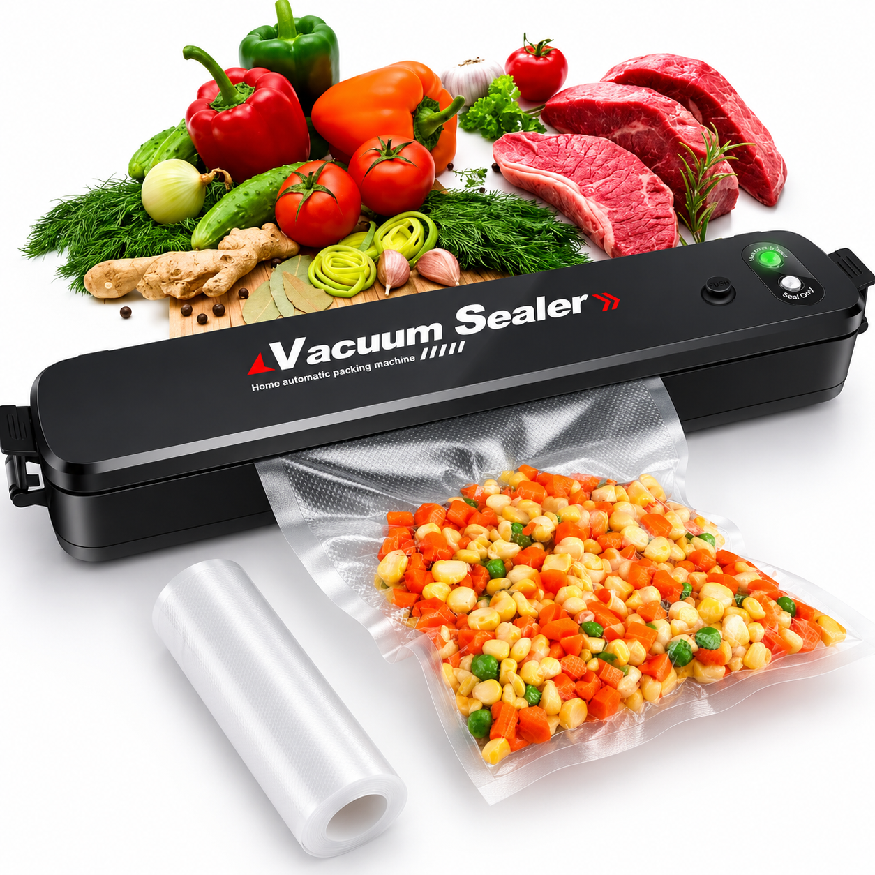 Seladora a vácuo AJ-H08 preta com sacos e alimentos frescos