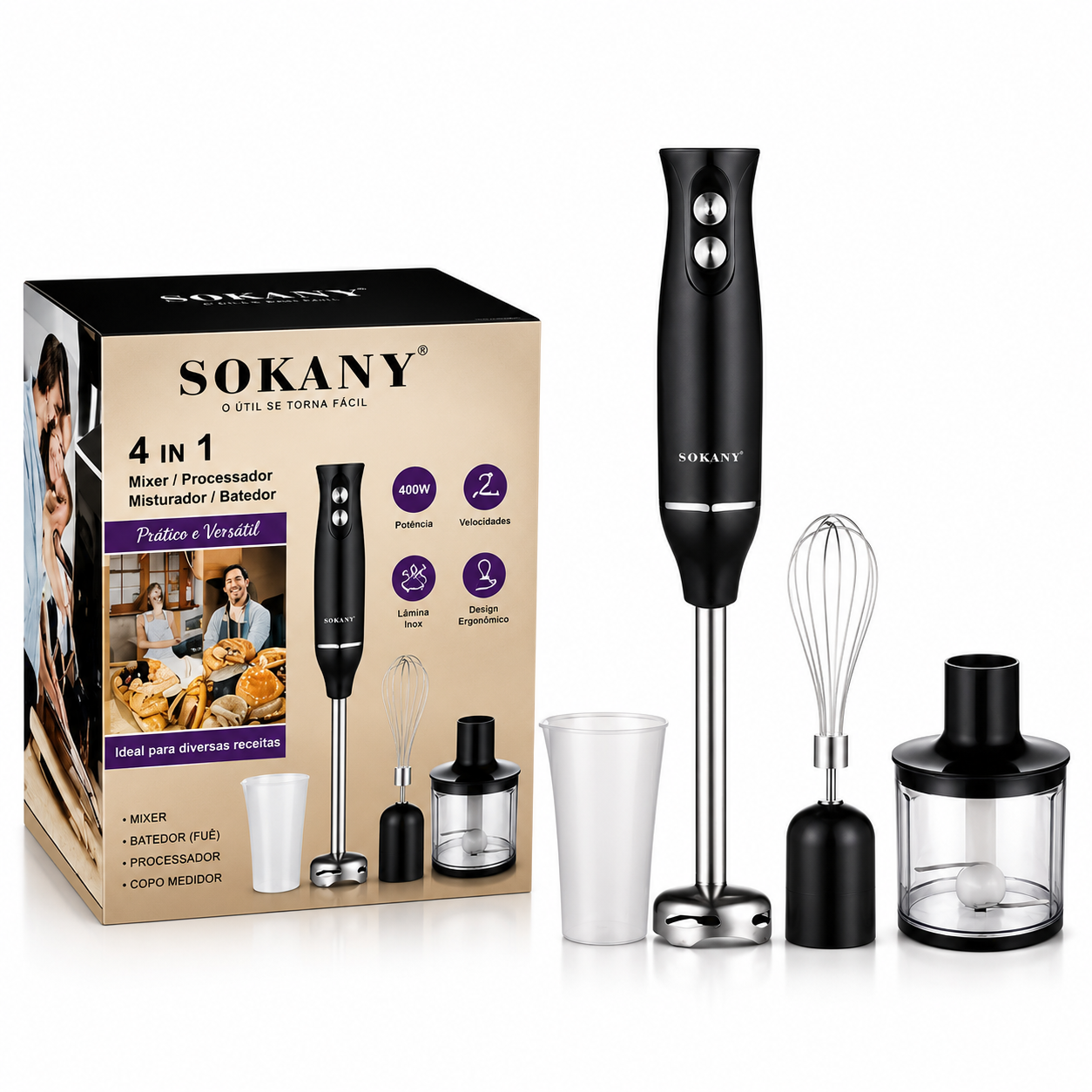 Mixer elétrico Sokany 4 em 1 preto com acessórios