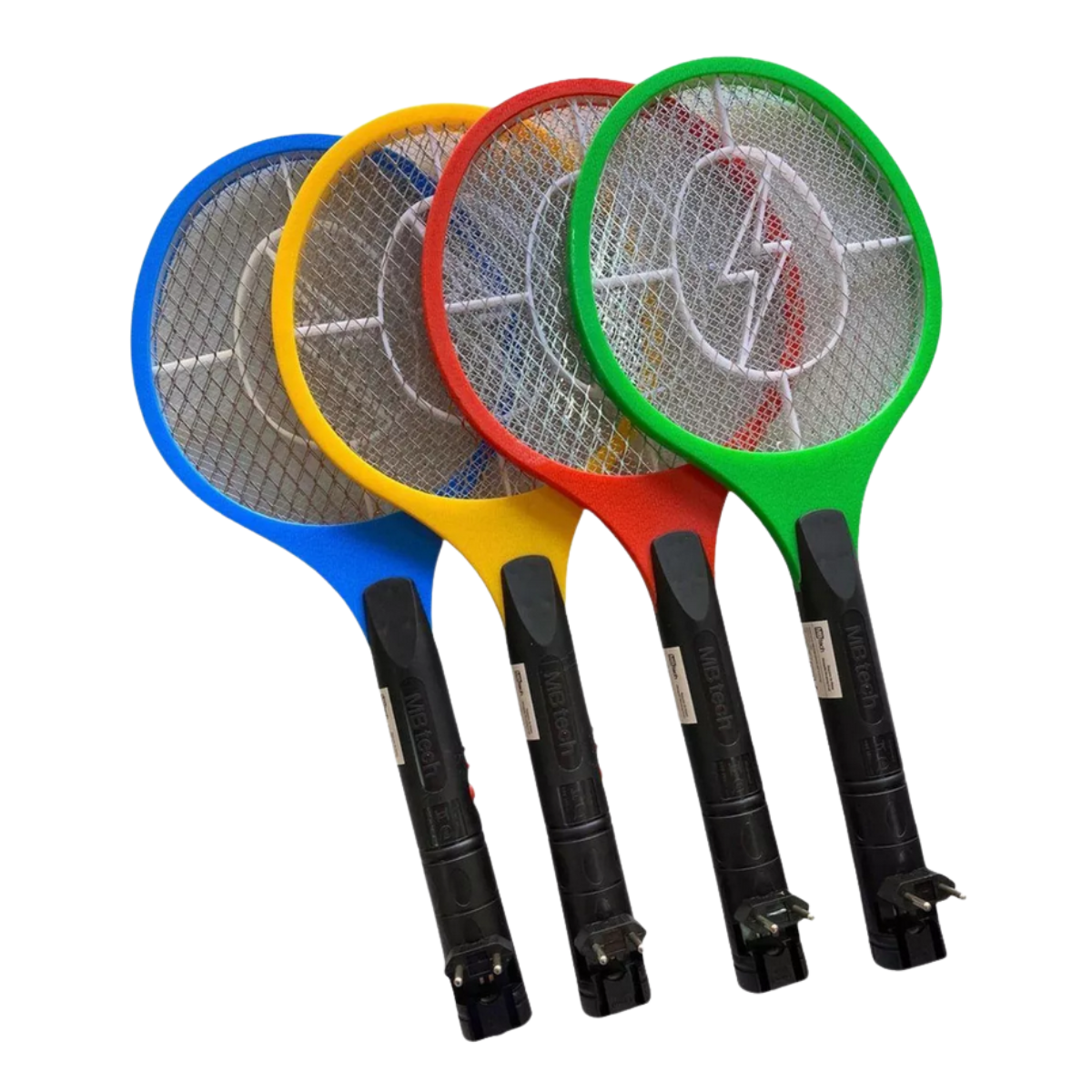 Raquete elétrica mata mosquitos recarregável nas cores azul, amarela, vermelha e verde