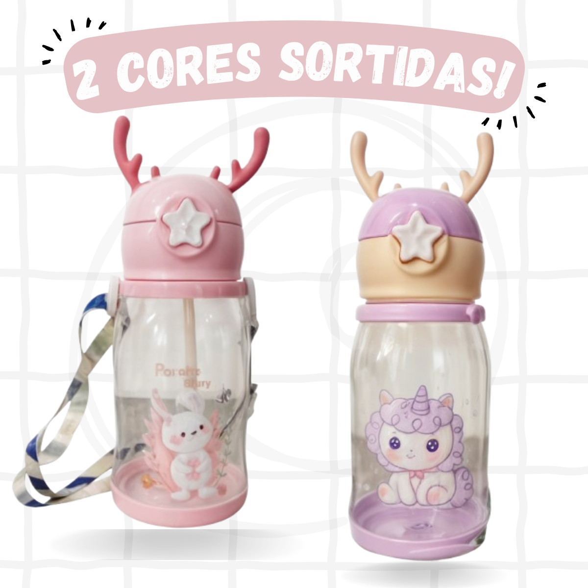Garrafa infantil portátil com chifrinhos em rosa e lilás