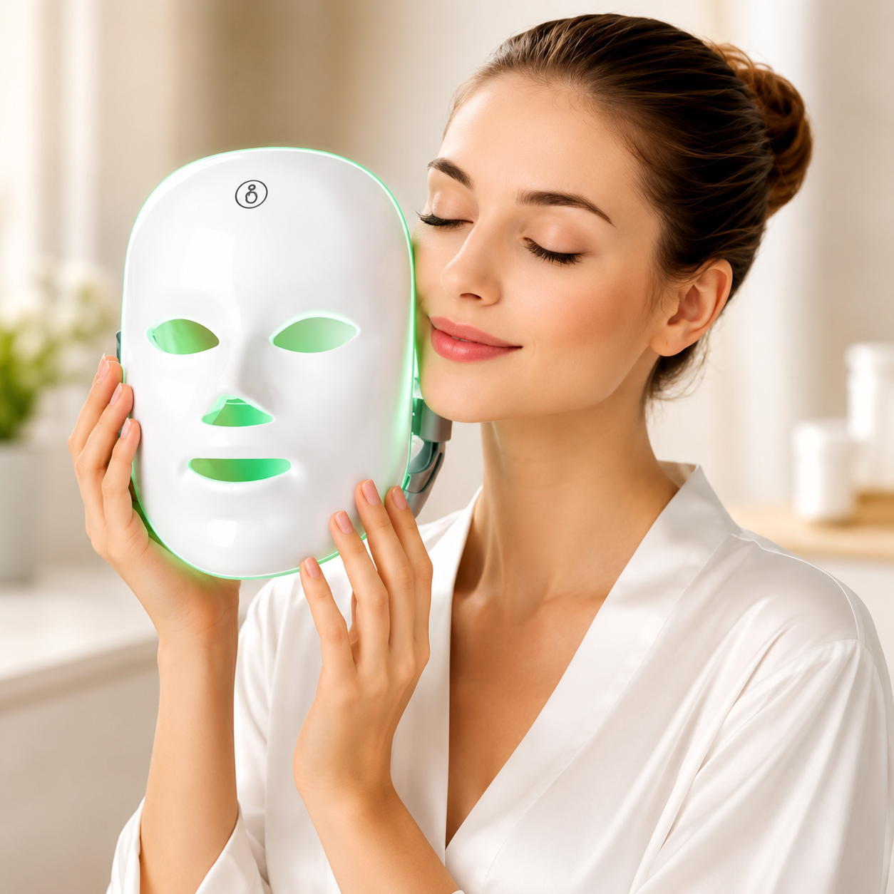 Mulher usando máscara facial LED com luz verde