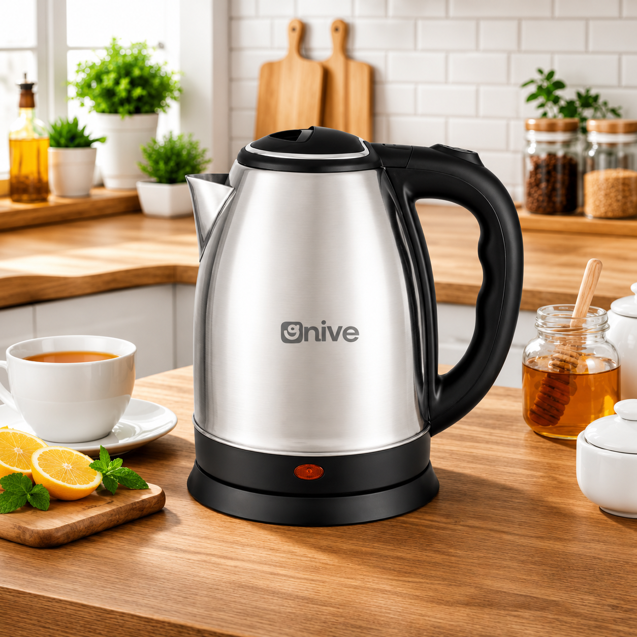 Chaleira elétrica inox 1,8 litros sobre bancada de cozinha
