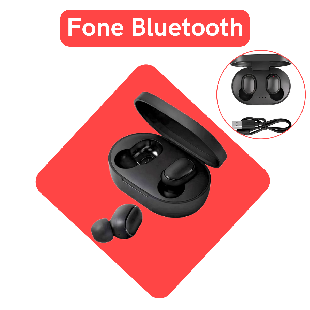 Fone de ouvido Bluetooth TWS preto com case de carregamento e cabo USB