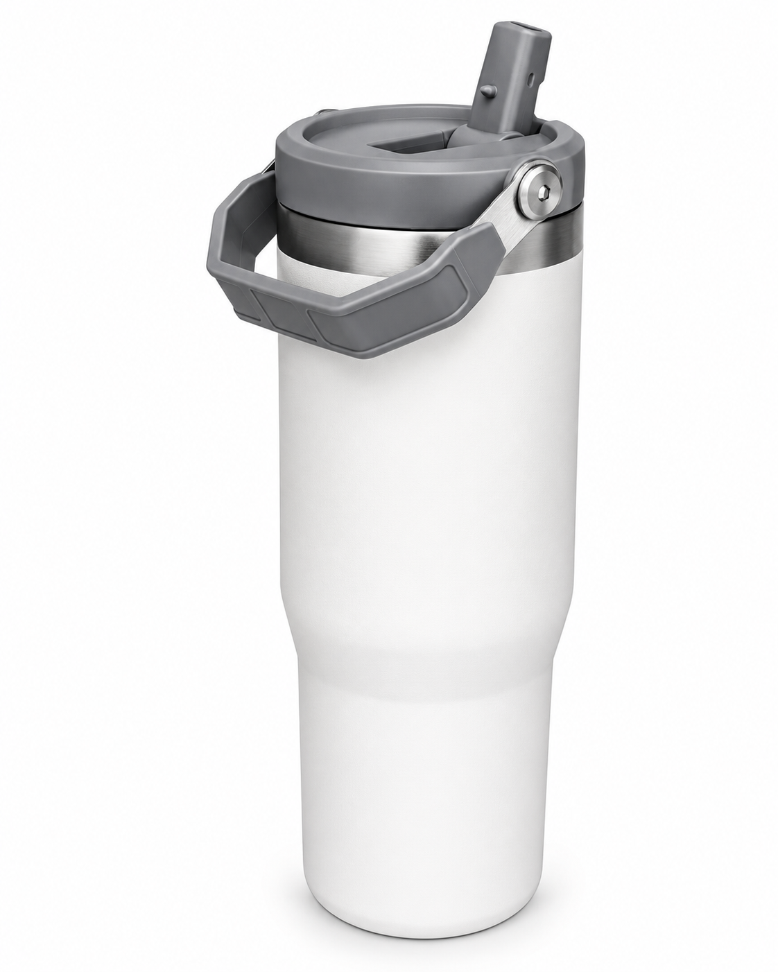 Garrafa Flip Straw branca 900ml com alça superior e canudo cinza