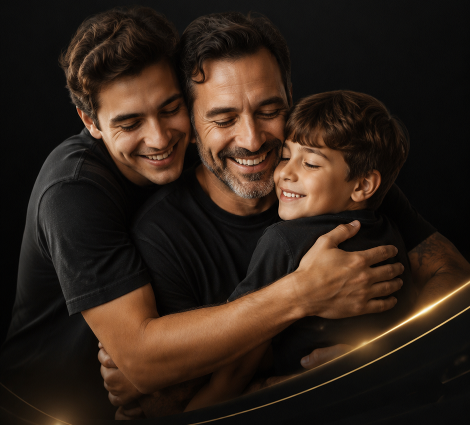 Pai abraçando os filhos em celebração ao Dia dos Pais