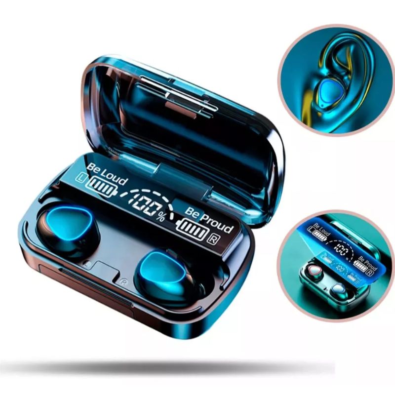 Fone Bluetooth M10 preto e azul com case powerbank e display digital de carga