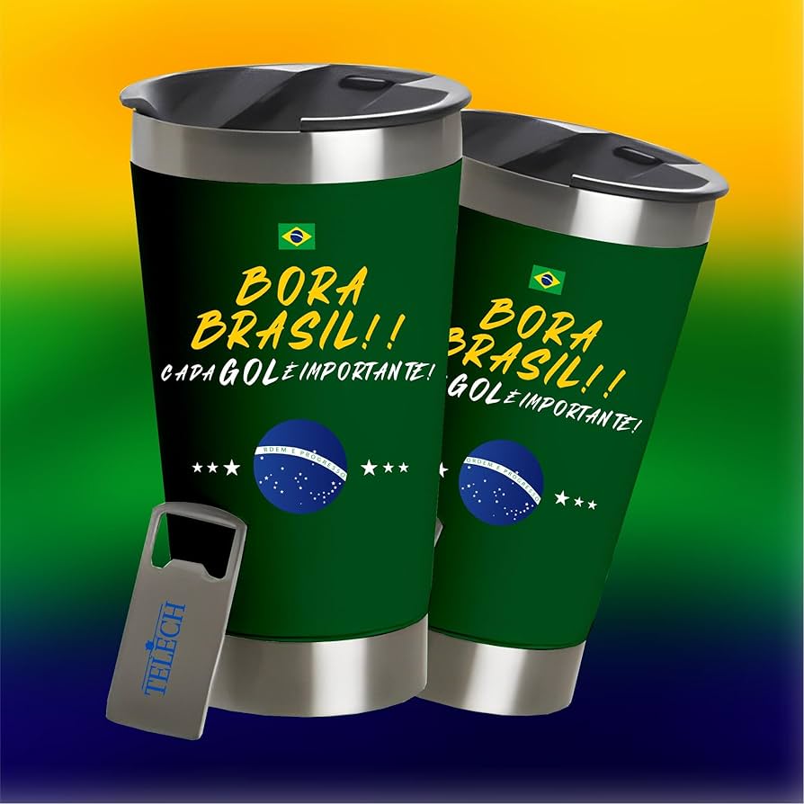 Dois copos térmicos verdes Bora Brasil com bandeira nacional