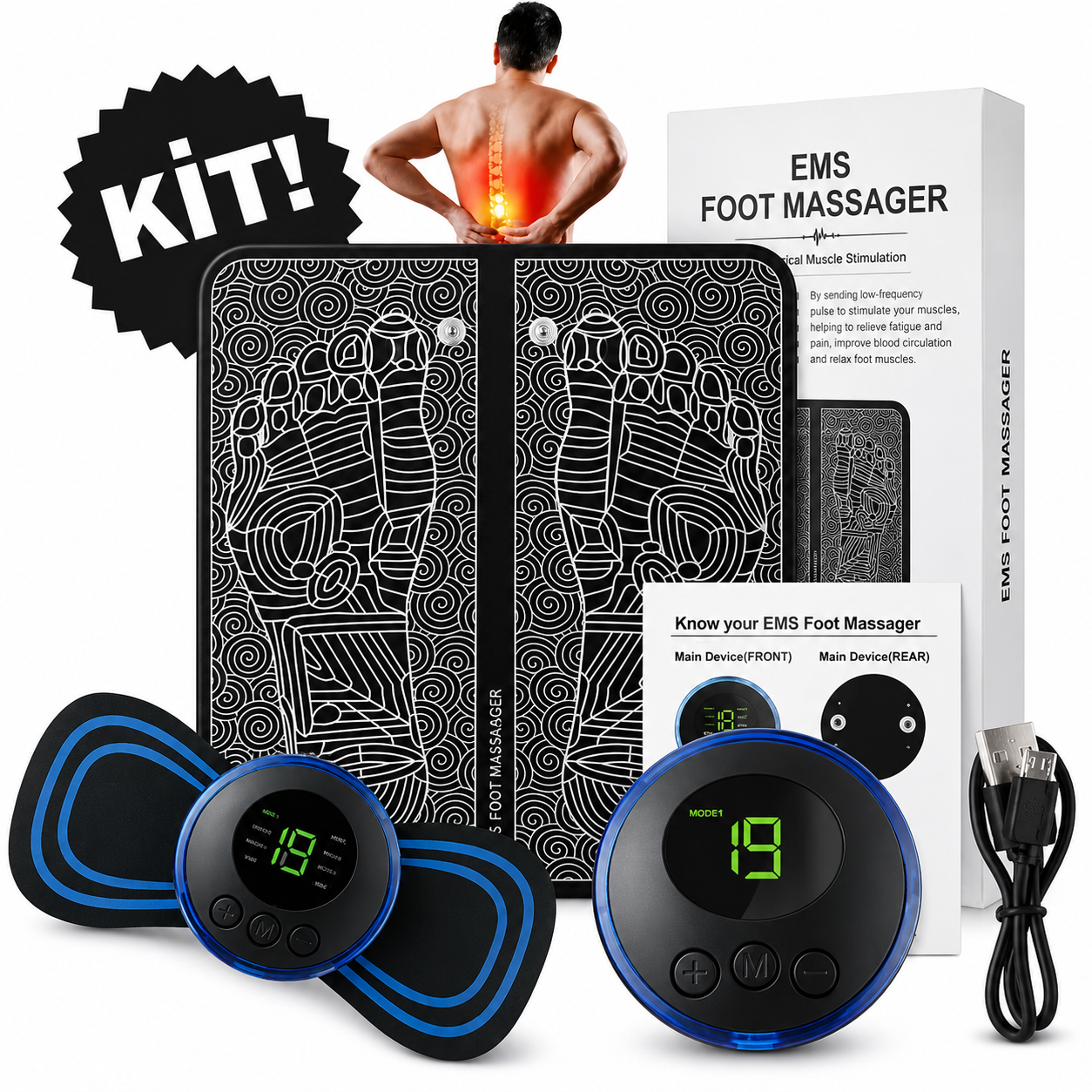 Kit massageador EMS com tapete para pés e mini massageador portátil
