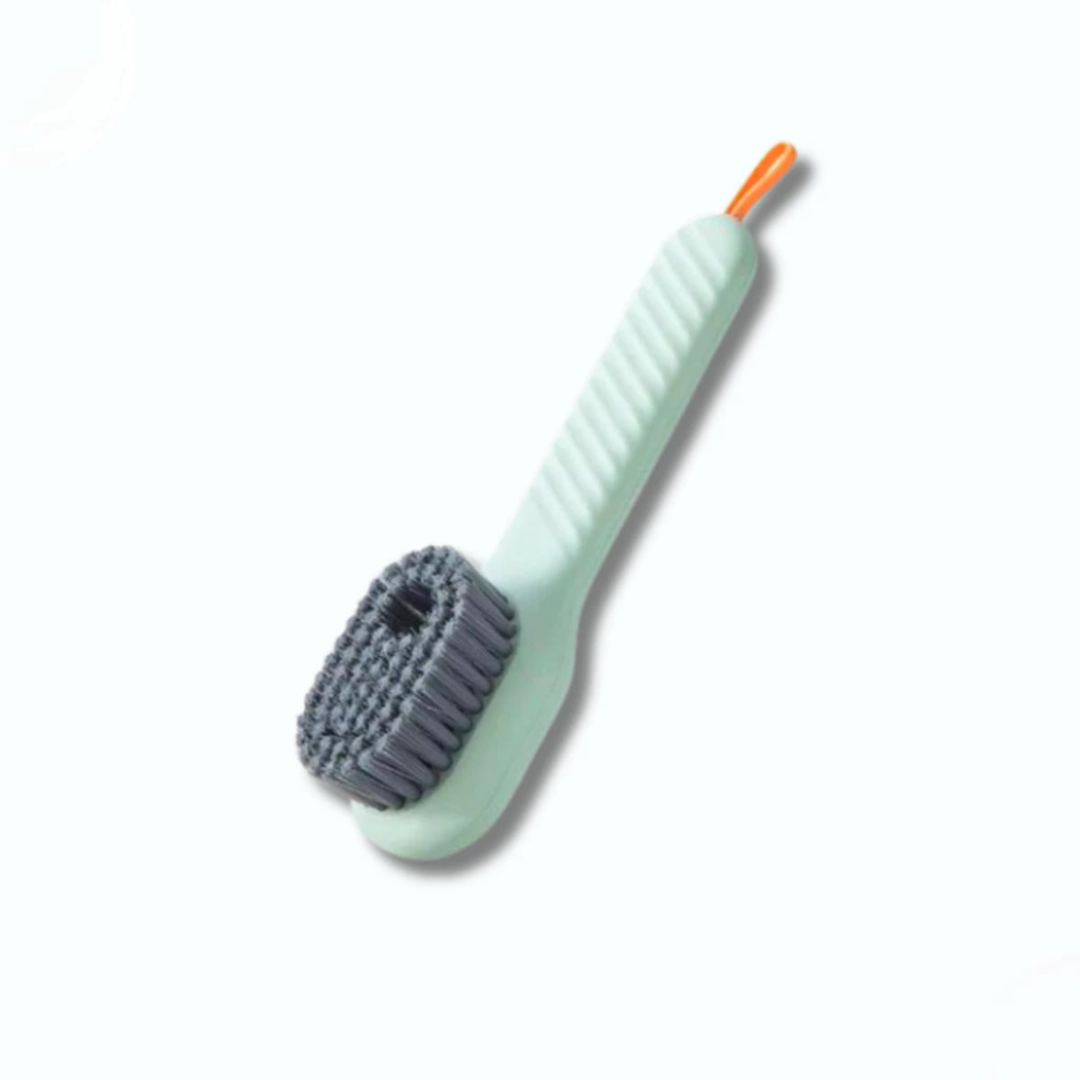 Escova de limpeza verde-água com dispensador de sabão e detalhe laranja