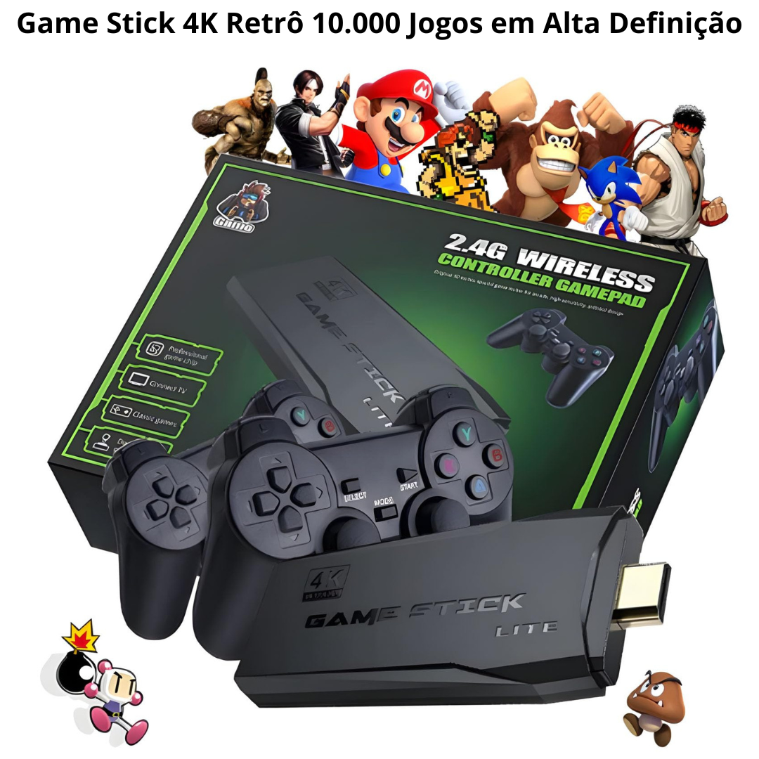 Game Stick 4K Retrô com 2 controles sem fio e box com personagens clássicos