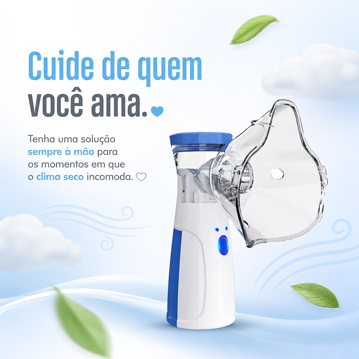 Nebulizador portátil com fundo azul e mensagem cuide de quem você ama