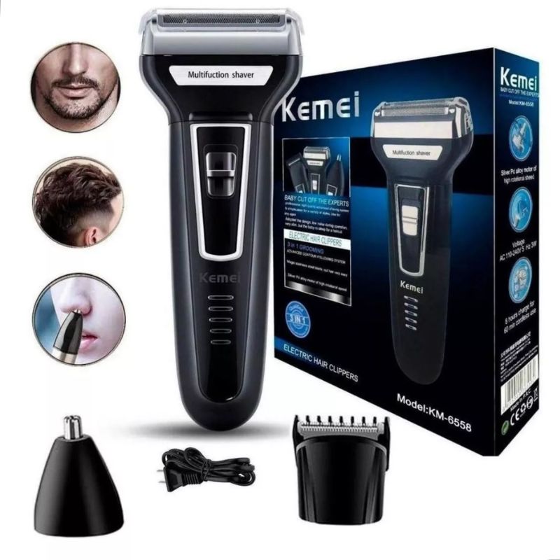 Barbeador Kemei 3 em 1 preto com cabeças intercambiáveis