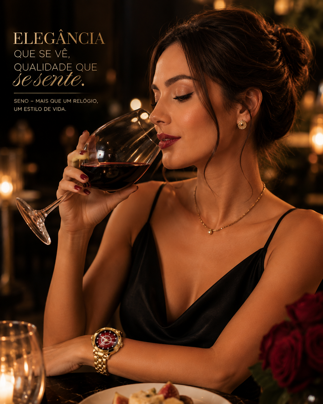 Modelo com vestido preto usando o relógio Seno em jantar elegante