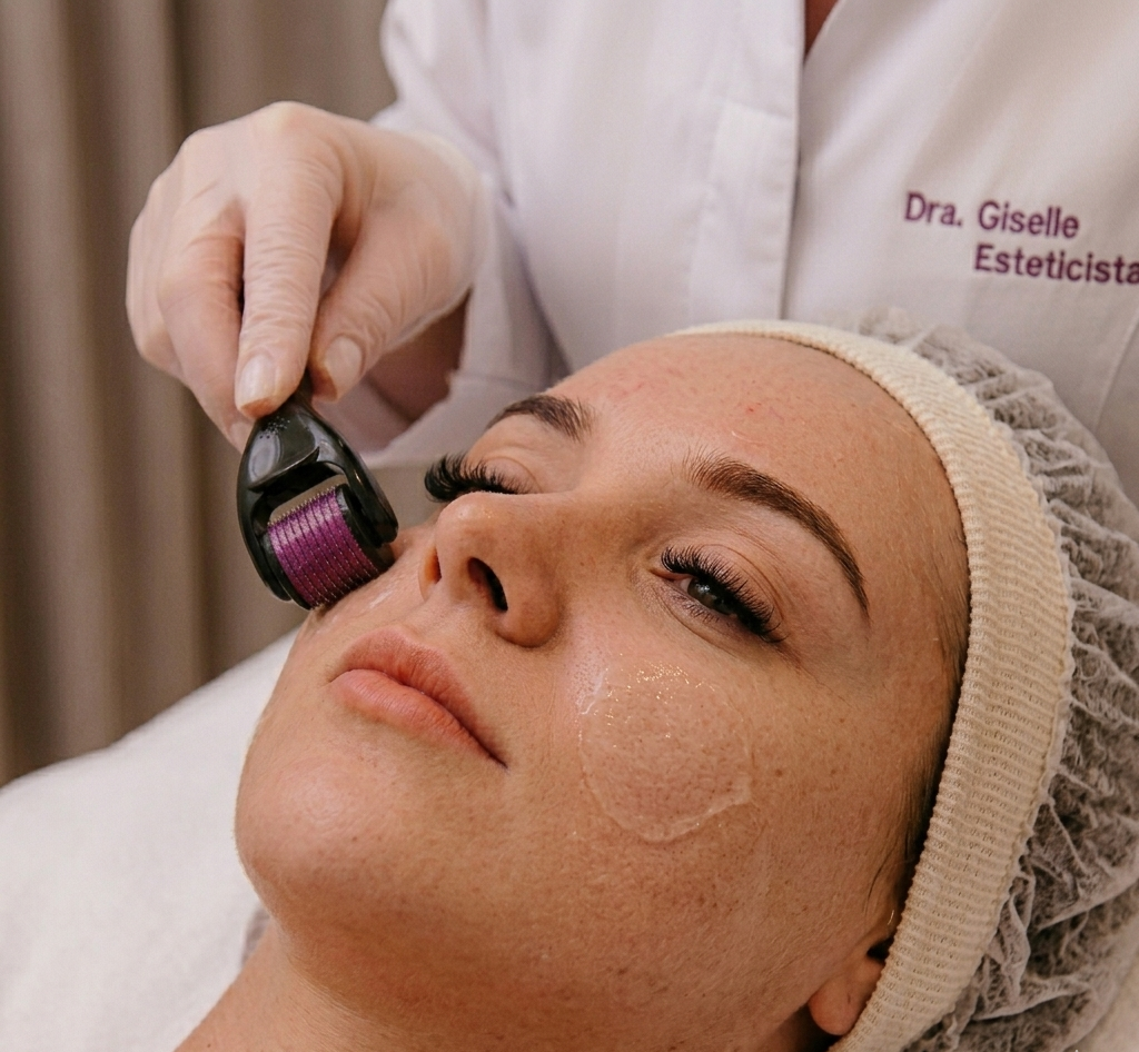 Aplicação do dermaroller no rosto com sérum facial