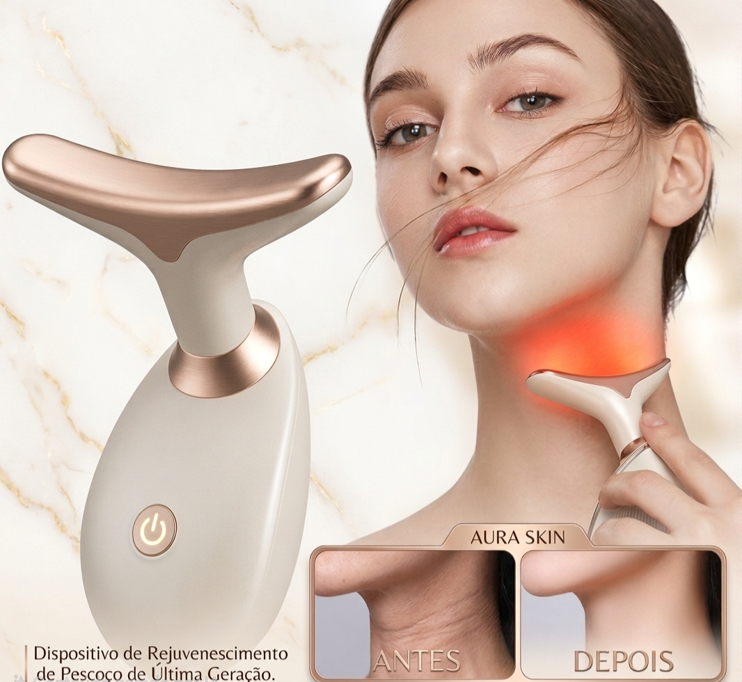 Massageador facial rose gold apoiado em bancada clara de banheiro