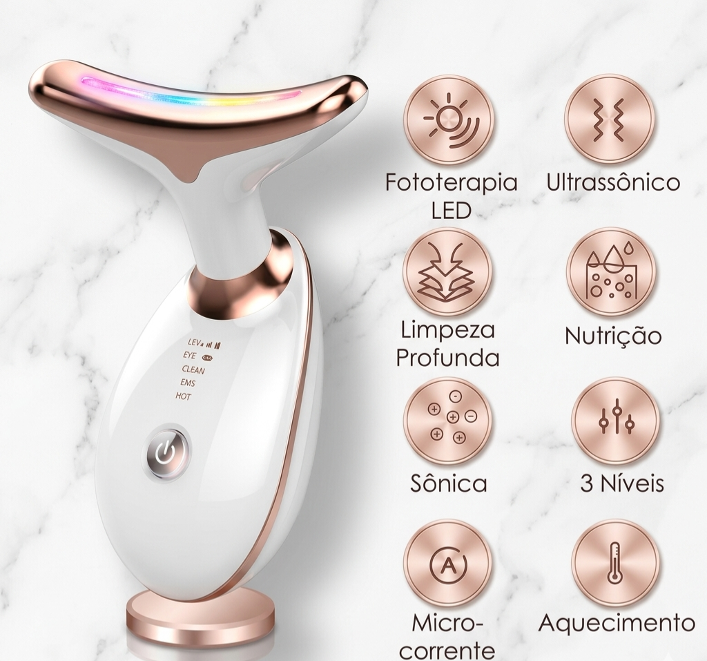 Funções do massageador: fototerapia LED, ultrassônico, sônica e mais