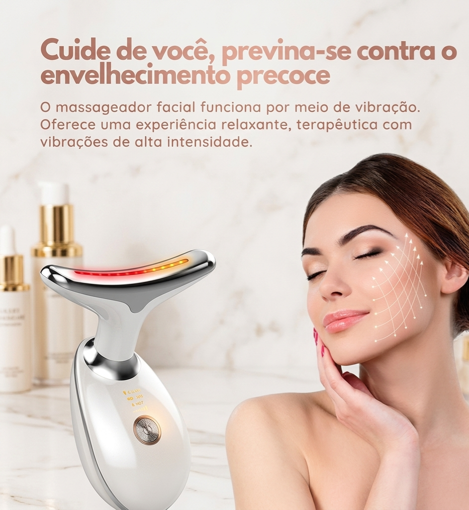 Modelo usando o massageador facial com efeito lifting