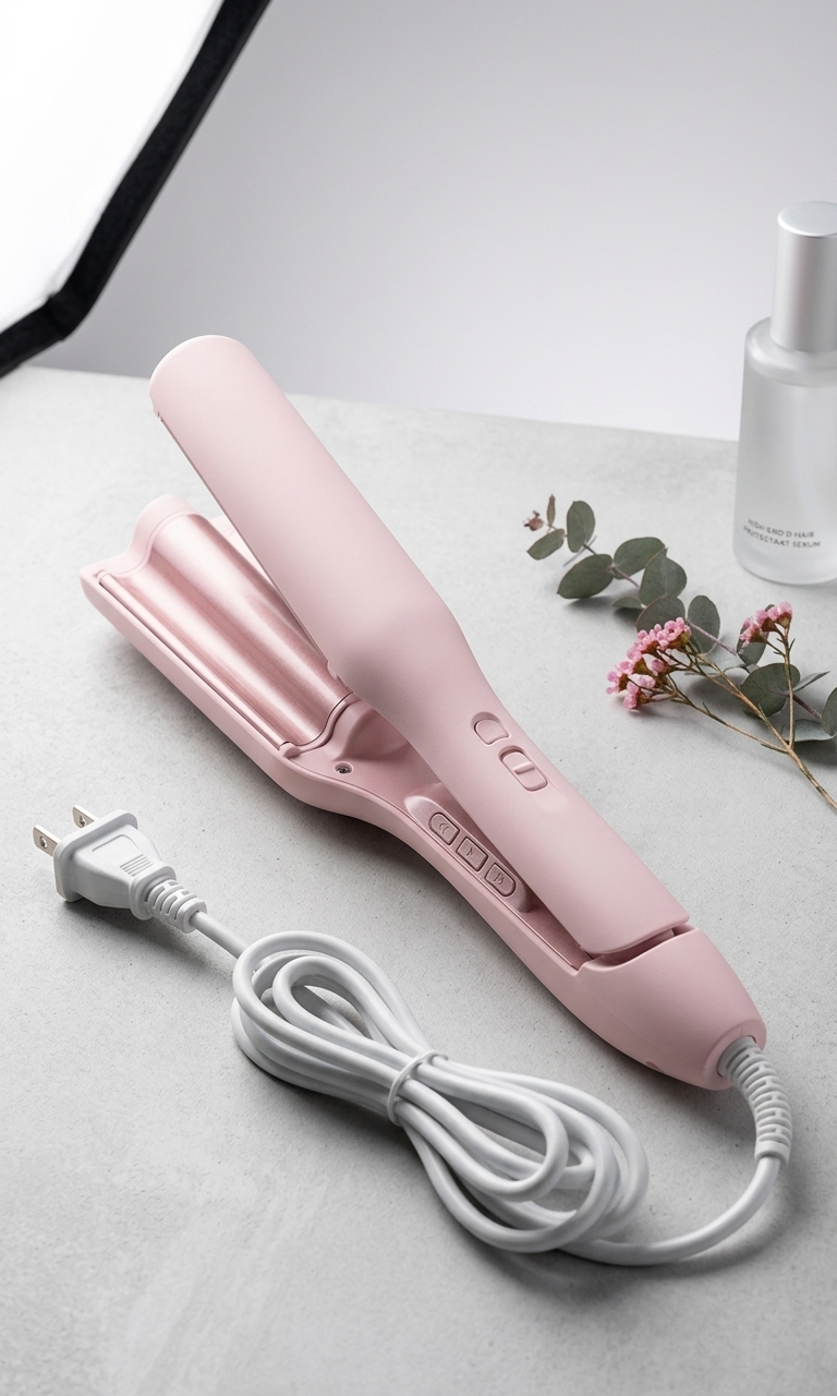 Modelador Wavy rosa com acabamento rose gold e cabo branco